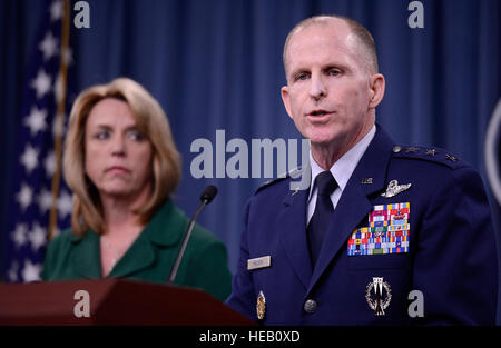 Lt. Gen. Stephen Wilson, commander of Global Strike Command, and Secretary of the Air Force Deborah Lee James, provide an update, Jan. 30, 2014, in the Pentagon, on the investigation of compromised test materials at Malmstrom Air Force Base, Mont. During the press briefing, James and Wilson talked about the steps the Air Force and Global Strike Command are taking to address the integrity failure by some officers and measures to address systemic issues affecting the ICBM crew force. Scott M. Ash) Stock Photo