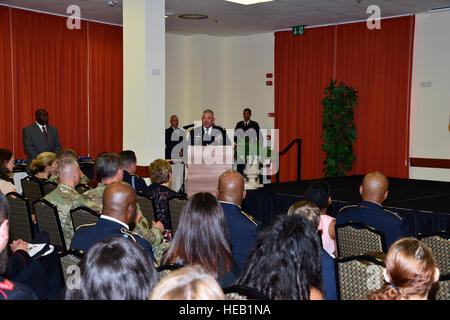 Brig. Gen. Kenneth Moore, U.S. Army Africa Deputy Commander, addresses the audience during Quarterly Retirement Ceremony, June 9, 2016 held at the Golden Lion on Caserma Ederle in Vicenza, Italy.  Visual Information Specialist Antonio Bedin/released) Stock Photo