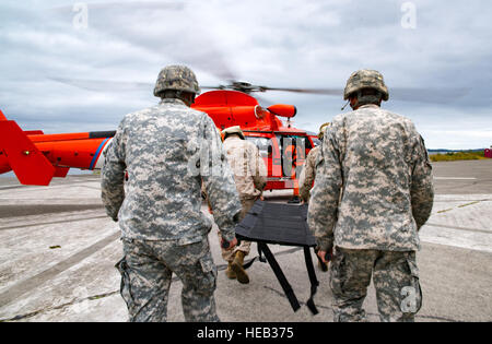 INDIAN ISLAND, Wash. (June 9, 2016) - U.S. Army and Marines transport a litter to a U.S. Coast Guard MH-65 Dolphin helicopter for a medical drill during Joint Logistics Over-The-Shore 2016 (JLOTS ’16). JLOTS ’16 is a joint-service, scenario based exercise designed to simulate disaster and humanitarian assistance in the Cascadia Subduction Zone.  Mass Communication Specialist 2nd Class Eric Chan Stock Photo