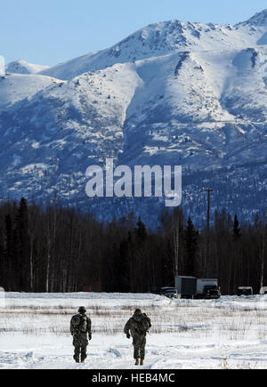 Soldiers assigned to U.S. Army Alaska's 425th Brigade Special Troops Battalion airdropped a Humvee on JBER's Malamute Drop Zone, followed by approximately 60 paratroopers from a C-17 aircraft, Wednesday, April 17, 2013. The paratroopers of the 4th Brigade Combat Team (Airborne) 25th Infantry Division recently completed post-deployment RESET, and are transitioning the brigade to assuming part of the quick reaction force mission for the Pacific theater. Justin Connaher) Stock Photo