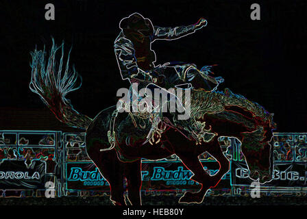 Bucking Bronco, Cowboy Bareback Riding Horse - Digitally Manipulated Image with Glowing Edges, Abstract Cowboys and Rodeos Stock Photo