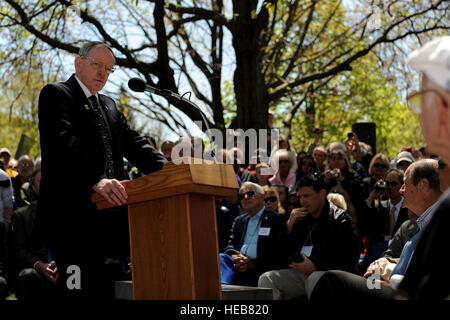 Retired U.S. Air Force Maj. Gen. Charles D. Metcalf, director of the National Museum of the United States Air Force, addresses the Doolittle Tokyo Raiders during a memorial service held in their honor during their 68th reunion held at the National Museum of the United States Air Force, Wright-Patterson Air Force Base, Ohio, April 18, 2010. The Doolittle Raiders' 68th reunion commemorates the anniversary of the Doolittle Tokyo Raid April 18, 1942, when U.S. Army Air Forces Lt. Col. Jimmy Doolittle's squad of 16 B-25s bombed targets in response to the Japanese attack on Pearl Harbor. Stock Photo