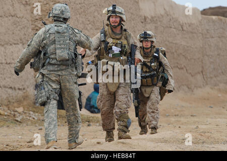U.S. Army Sgt. 1st Class Dorian Ballard, with Bravo Company, 4th Battalion, 23th Infantry Regiment, greets U.S. Marine Corps 1st. Lt. Ryan Engle, 2nd Platoon, Lima Company, 3rd Battalion, 6th Marine Regiment, as the Marines arrive at their objective during Operation Helmand Spider in Badula Qulp, Helmand province, Afghanistan, March 3, 2010.  Tech. Sgt. Efren Lopez Stock Photo