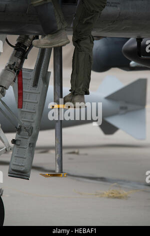 A pilot assigned to the 354th Expeditionary Fighter Squadron climbs out of an A-10 Thunderbolt II attack aircraft after a training mission during a theater security package deployment to Lask Air Base, Poland, July 13, 2015. More than 70 Airmen from the 355th Fighter Wing, Davis-Monthan Air Force Base, Ariz., and the 52nd Fighter Wing at Spangdahlem Air Base, Germany, are here supporting this deployment.  Staff Sgt. Christopher Ruano Stock Photo