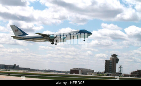 MINNEAPOLIS  --  Air Force One lifts off from here April 26th, 2004.  Principal differences between the VC-25A and the standard Boeing 747, other than the number of passengers carried, are the electronic and communications equipment aboard Air Force One, its interior configuration and furnishings, self-contained baggage loader, front and aft air-stairs, and the capability for in-flight refueling. These aircraft are flown by the presidential aircrew, maintained by the presidential maintenance branch, and are assigned to Air Mobility Command's 89th Airlift Wing, Andrews Air Force Base, Md.  (U.S Stock Photo