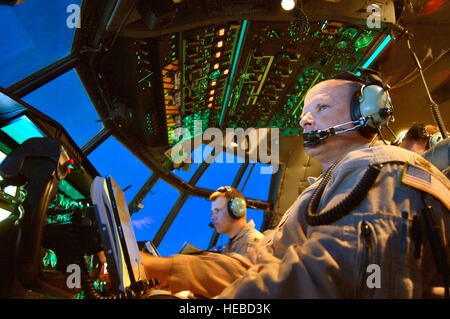 Maj. Mike Steigerwald (right) and Capt. Brady Ohr view the control panel on their C-130 Hercules and surrounding airspace during a combat support flight over Southwest Asia on Wednesday, April 19, 2006. The reservists are deployed to the 746th Expeditionary Airlift Squadron from the 327th Airlift Squadron at Willow Grove Air Reserve Station, Pa. (U.S. Air Force photo/Master Sgt. Lance Cheung) Stock Photo
