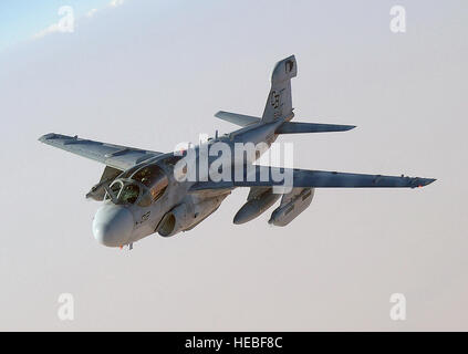 A US Marine Corps (USMC) EA-6B Prowler, Marine Tactical Electronic Warfare Squadron 1 (VMAQ-1), Marine Corps Air Station (MCAS) Cherry Point, North Carolina (NC), conducts a mission over the Persian Gulf, as part of the war on terror during Operation ENDURING FREEDOM. Stock Photo