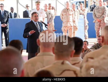 The Honorable Leon Panetta, U.S. Secretary of Defense, addresses service members stationed at Camp Lemonnier, Djibouti, Dec. 13. Panetta said he wanted each and every member of the Combined Joint Task Force - Horn of Africa and Camp Lemonnier to know how thankful he was for their service and sacrifice to the United States.