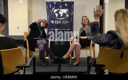 Secretary of the Air Force Deborah Lee James speaks at the Stimson Center, Washington, D.C., March 28, 2014, in commemoration of Women's History Month.  James spoke on the current status of women in the Air Force, the importance of women in National Security and her personal experience. She also took questions from the audience covering a range of topics. The event was co-sponsored by the Harvard Women in Defense, Diplomacy, and Development Alumni Network, the Stockholm International Peace Research Institute, and the Women in International Security.  (U.S. Air Force photo/Scott M. Ash) Stock Photo