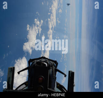 Louisiana Air National Guard Maj. Brian Marbach, 122nd Fighter Squadron pilot, based at New Orleans, conducts offensive counter-air training onboard an F-15D Eagle, along with another F-15C Eagle assigned to the 159th Fighter Wing, during Exercise Southern Strike 15 (SS15) near Naval Air Station Joint Reserve Base New Orleans, La., Nov. 4, 2014. SS15 is a total force, multiservice training exercise hosted by the Mississippi National Guard's CRTC from Oct. 27 through Nov. 7, 2014. The SS15 exercise emphasizes air-to-air, air-to-ground and special operations forces training opportunities. These  Stock Photo