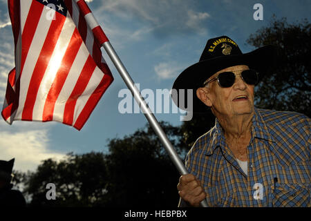 Retired U.S. Marine Lt. Col. Daniel W. Hall Jr. waves an American flag while waiting for the procession bearing the remains of U.S. Army Spc. Eric N. Lembke to pass by in Tampa, Fla., Nov. 5. Lembke died Oct. 23 in Afghanistan of wounds suffered when enemy forces attacked his vehicle with an improvised explosive device. Lembke was assigned to the 569th Mobility Augmentation Company, 4th Engineer Battalion, Fort Carson, Colo. Stock Photo