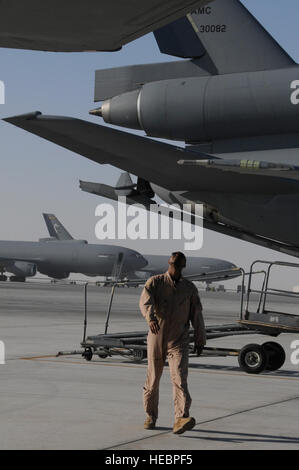 A KC-10 Extender from the 908th Expeditionary Air Refueling Squadron undergoes pre-flight checks by flight engineers during operations, commemorating African-American History Month and honoring Tuskegee Airmen. Stock Photo
