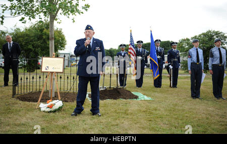 Retired Maj. Edward Horn, 344th Bomb Group B-26 Marauder pilot from West Palm Beach, Fla., discusses his role during World War II at the 70th anniversary ceremony of Stansted Airport's runway July 26, 2013, in Stansted Mountfitchet, England. During World War II, Horn's unit operated out of Stansted Airport, then known as George Washington Field. After several successful missions, Horn was captured by German soldiers and spent 11 months as a prisoner of war before being liberated by Gen. George Patton and the 14th Armored Division, 3rd Army, April 29, 1945. (U.S. Air Force photo by Airman 1st C Stock Photo