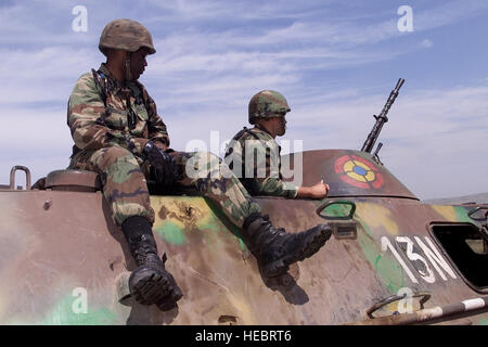 U.S Marine Lance Cpls. James Pruden from Teaneck, N.J. and Brian Sampson from Iselin, N.J.,  infantrymen with Golf Company, 2/25th Marine Corps wait their turn to fire a 14.7mm automatic weapon on board a Romanian TAB, an armor personnel carrier at Babadag range as part of spirit of Partnership for Peace Program in support of exercise Rescue Eagle on July 15, 2000. Rescue Eagle is a United States-sponsored, Romanian-hosted joint and combined exercise.  The exercise is being conducted to improve the abilities of multi-national forces to conduct humanitarian assistance and disaster relief missio Stock Photo