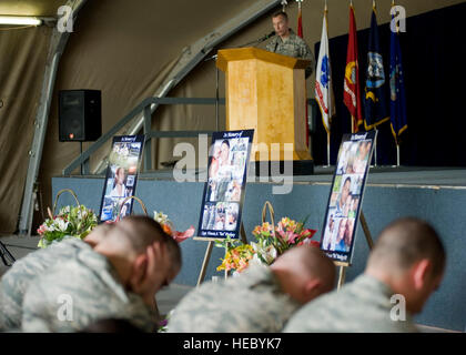 Lt. Col. Michael Butler, 376th Air Expeditionary Wing chaplain, speaks during a memorial service May 9, 2013, at Transit Center at Manas, Kyrgyzstan. More than 300 U.S. service members attended and mourned their fallen brothers and sister in arms.  (U.S. Air Force photo/Staff Sgt. Stephanie Rubi) Stock Photo