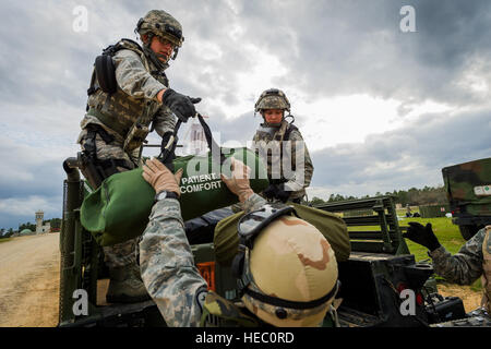 Aeromedical evacuation team members unload equipment at the Joint ...
