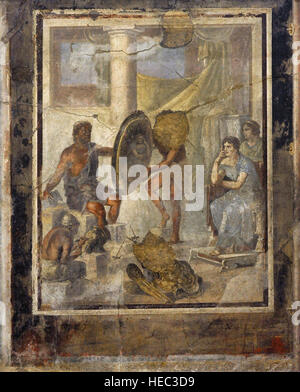 Roman painting. Thetis, whose image is reflected in the shield, look carefully at the golden armour that Hephaestus has made for Achilles. Pompeii (IX, 1,7). Italy. Stock Photo