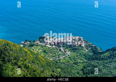 Corniglia town, part of Cinque Terre, is beautifully located at a hill on the cost of the Mediterranean Sea Stock Photo