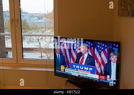 President Elect Donald Trump makes his acceptance speech on the morning after the US Presidential Elections in 2016, as seen on BBC television from a home in London, England, United Kingdom. Stock Photo