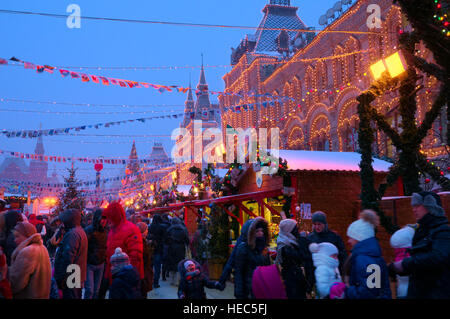 MOSCOW, RUSSIA - JANUARY 9, 2016: Moscow decorated for New Year and Christmas holidays. GUM fair on Red Square Stock Photo
