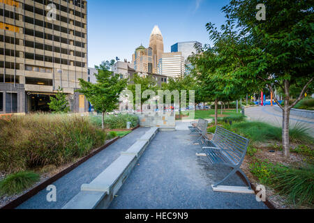 Benches at Romare Bearden Park, in Uptown Charlotte, North Carolina. Stock Photo