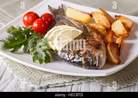 Grilled dorado fish with fried potatoes on the plate closeup. horizontal Stock Photo