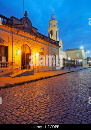 Argentina,  Buenos Aires Province, San Antonio de Areco, Twilight view of the center of the town. Stock Photo