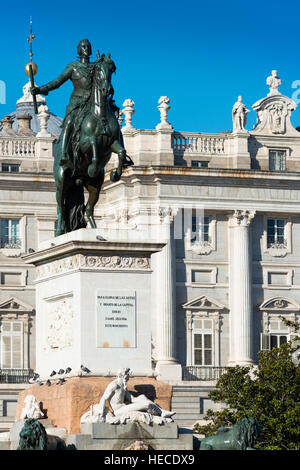 Madrid, Spain. Plaza de Oriente with Palacio Real, or Royal Palace background. Equestrian statue of Philip IV by Pietro Tacca Stock Photo