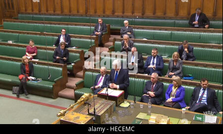 Defence Secretary Sir Michael Fallon making a statement in the House of Commons, London, where he said that UK-supplied cluster bombs have been used by Saudi Arabian-led forces in the war in Yemen. Stock Photo
