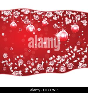 Red Christmas balls on New Year's background with stars and snowflakes. Stock Vector