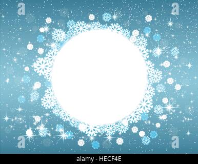 Celebratory blue winter background with snowflakes and stars round frame for Christmas design Stock Vector