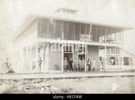 Antique c1910 photograph, the Police Station in the US Canal Zone in Cristobal, Colon, Panama. Cristóbal is a port town and county in Colón District, Colón Province, Panama. In 1904, the Canal Commission set up its provisional headquarters in Cristóbal. SOURCE: ORIGINAL PHOTOGRAPHIC PRINT. Stock Photo