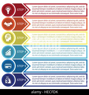 Template for infographic from circles, arrows and lines, for 6 positions Stock Vector