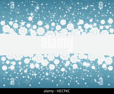 Template for winter Christmas project, blue background with snowflakes and stars, a place for the text in the middle. Stock Vector