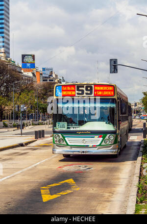Argentina, Buenos Aires Province, City of Buenos Aires, Vintage Bus on 9 de Julio Avenue. Stock Photo