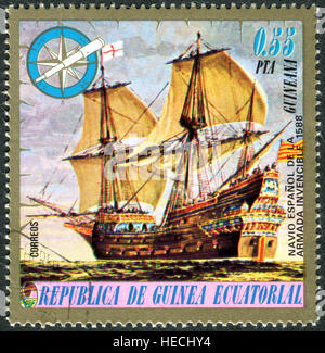 EQUATORIAL GUINEA - CIRCA 1975: A stamp printed in Equatorial Guinea, shows a Spanish warship (1588), circa 1975 Stock Photo