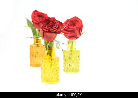 Close up of three red roses in glass vases Stock Photo