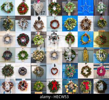 Bath, Somerset, England, UK. 20th December 2016. Front door seasonal wreaths from in and around the spa city as a montage. The individual images were all taken today. © Richard Wayman/Alamy Live News Stock Photo