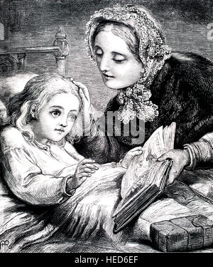 mother reading to sick child in bed, illustration from 1884 Chatterbox weekly children’s paper Stock Photo