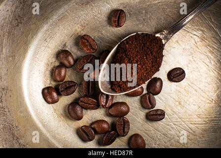 Fresh ground Coffee in spoon on plate close up. Stock Photo