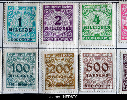 Very high value postage stamps from the German hyperinflation period of 1923 -1924 Stock Photo