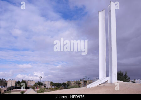 View of the Desert Twins monument by Israeli artist Ezra Orion (1990) in the town of Yeruham in the Negev desert southern Israel. Stock Photo