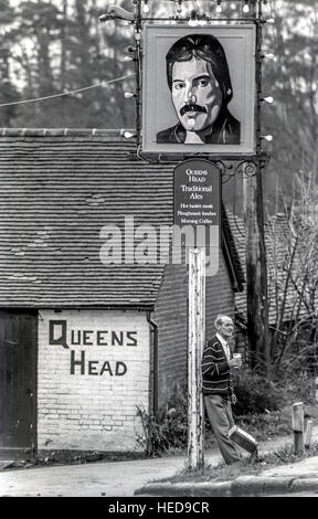 The Queen's Head pub in Bolney, with their new pub sign, showing a picture of Queen lead singer Freddie Mercury. Stock Photo