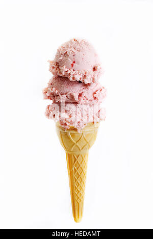 Ice-cream cone, three scoops of strawberry ice-cream Stock Photo