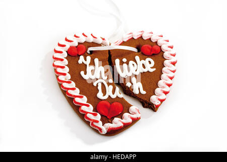 Broken gingerbread heart, Ich liebe Dich Stock Photo