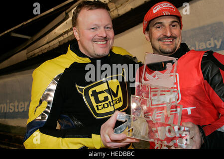 Wok World Championships held at a bobsleigh rink, Stefan Raab (left) and bobsled driver Georg Hackl, Altenberg, Saxony Stock Photo