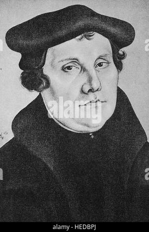 Martin Luther, 1483-1546, a German professor of theology, composer, priest, monk and a seminal figure in the Protestant Reformation, from a woodcut of 1880, digital improved Stock Photo