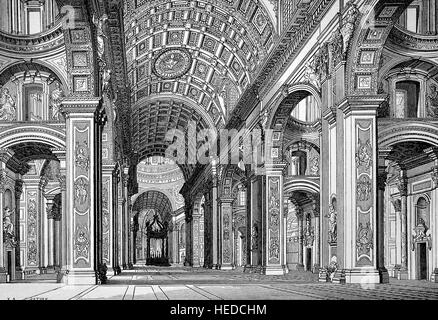 Inside the Papal Basilica of St. Peter in the Vatican or simply St. Peter's Basilica, an Italian Renaissance church in Vatican City, the papal enclave within the city of Rome, from a woodcut of 1880, digital improved Stock Photo