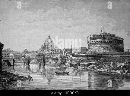 The Peterskirche or  St. Peter's Basilica and the Engelsburg or Mausoleum of Hadrian, usually known as Castel Sant'Angelo or Castle of the Holy Angel in Rome, Italy, from a woodcut of 1880, digital improved Stock Photo