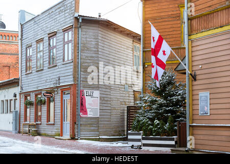 Parnu, Estonia - January 10, 2016: Architectural diversity in centre of resort Estonian town Parnu. Historic wooden buildings and attractions. Georgia Stock Photo